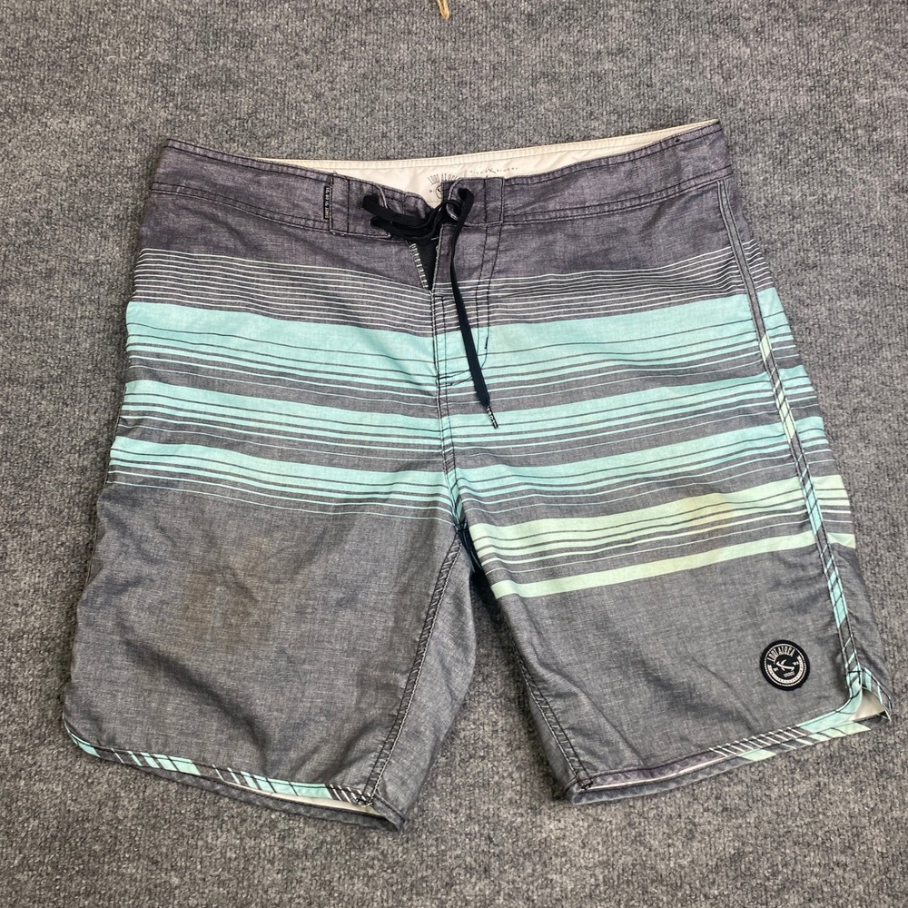 Lost Enterprises Mens Board Shorts Grey Teal Striped Lost At Sea Swim VTG